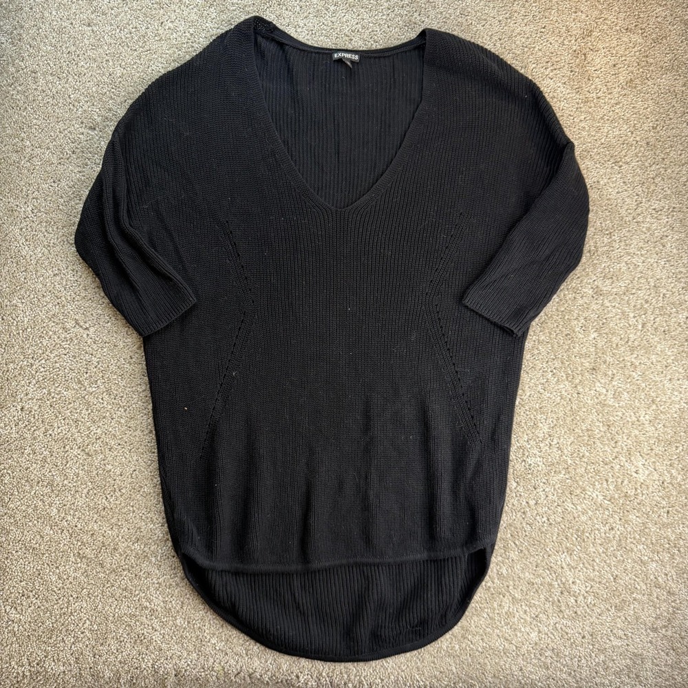 Express Sweater Womens Medium Black V Neck Dolman 3/4 Sleeve Tunic Longline Knit
